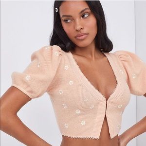 For Love & Lemons Peach Daisy Embroidered Puff Sleeve Cardigan